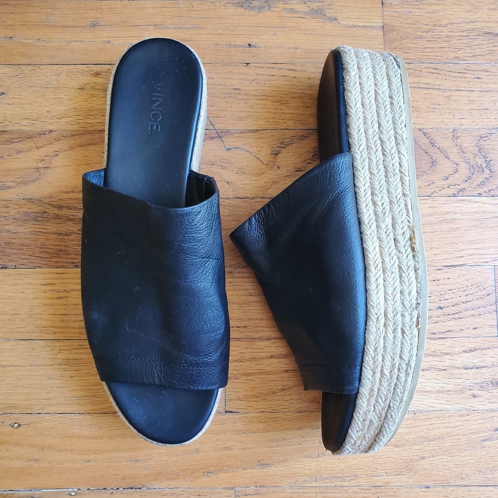 Vince Solana Black Leather Platform Espadrille 9M Open Toe‎ Slide On Minimalist